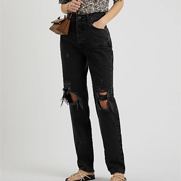 Free People Lasso Baggy Straight Jean 26 High Rise Distressed Black Denim - Picture 2 of 12